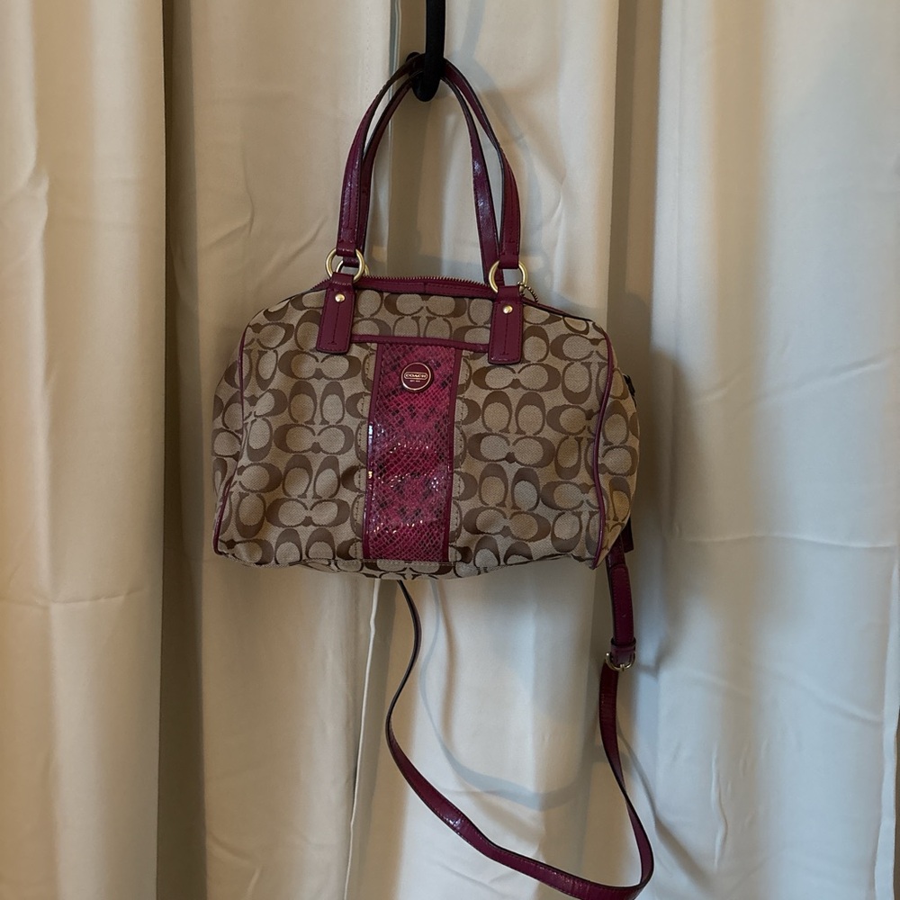 Coach Signature Snake Khaki and Raspberry Satchel